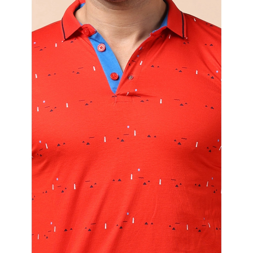 Indoraa Men's Casual Cotton Printed Polo Neck Half Sleeve T-Shirt (Red)