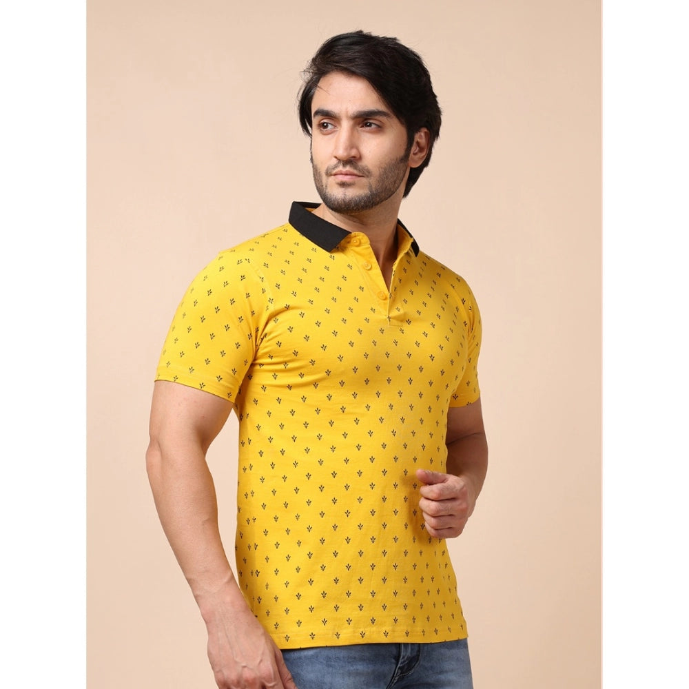 Indoraa Men's Casual Cotton Printed Polo Neck Half Sleeve T-Shirt (Yellow)