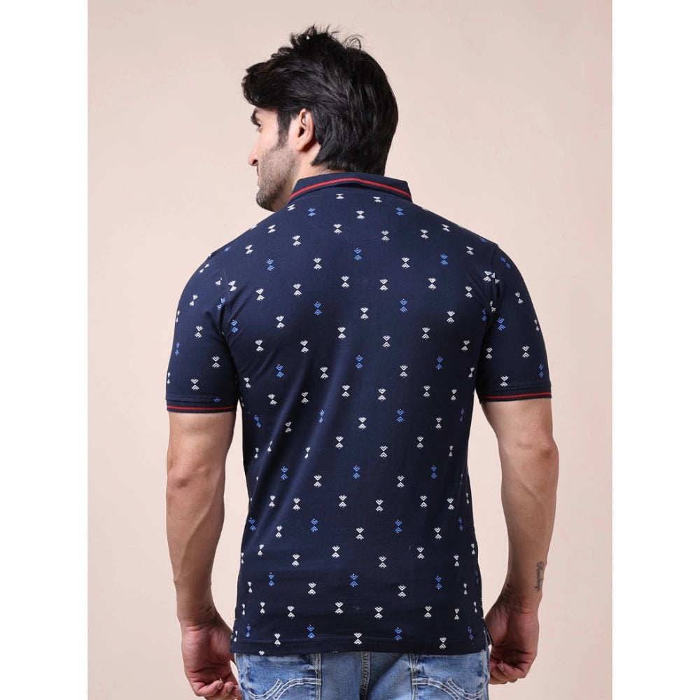 Indoraa Men's Casual Cotton Printed Polo Neck Half Sleeve T-Shirt (Navy)