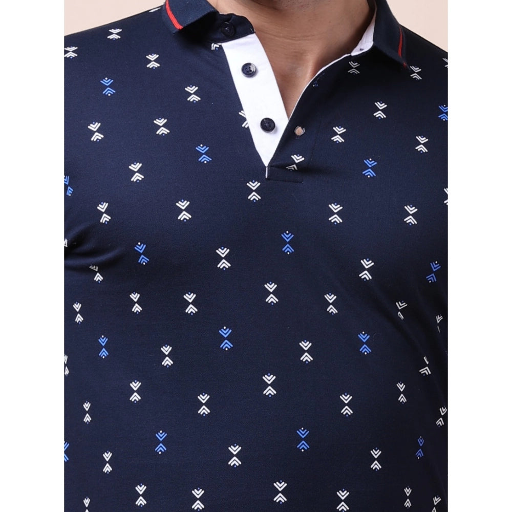 Indoraa Men's Casual Cotton Printed Polo Neck Half Sleeve T-Shirt (Navy)