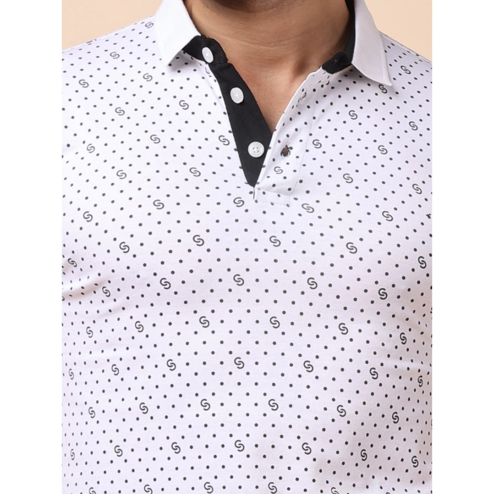 Indoraa Men's Casual Cotton Printed Polo Neck Half Sleeve T-Shirt (White)