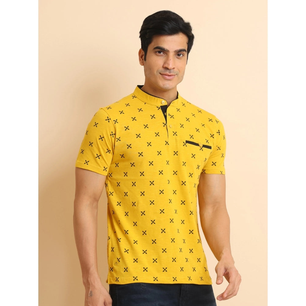 Indoraa Men's Casual Cotton Printed Mandarin Collar Half Sleeve T-Shirt (Mustard)