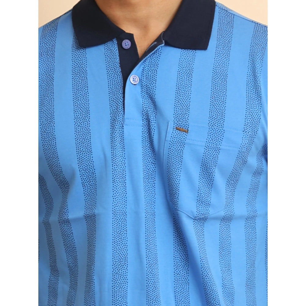 Indoraa Men's Casual Cotton Printed Polo Neck Half Sleeve T-Shirt (LightBlue)