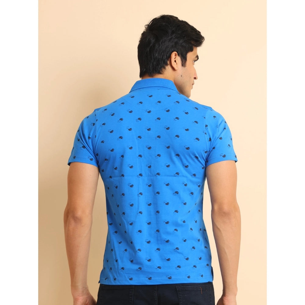 Indoraa Men's Casual Cotton Printed Polo Neck Half Sleeve T-Shirt (Blue)