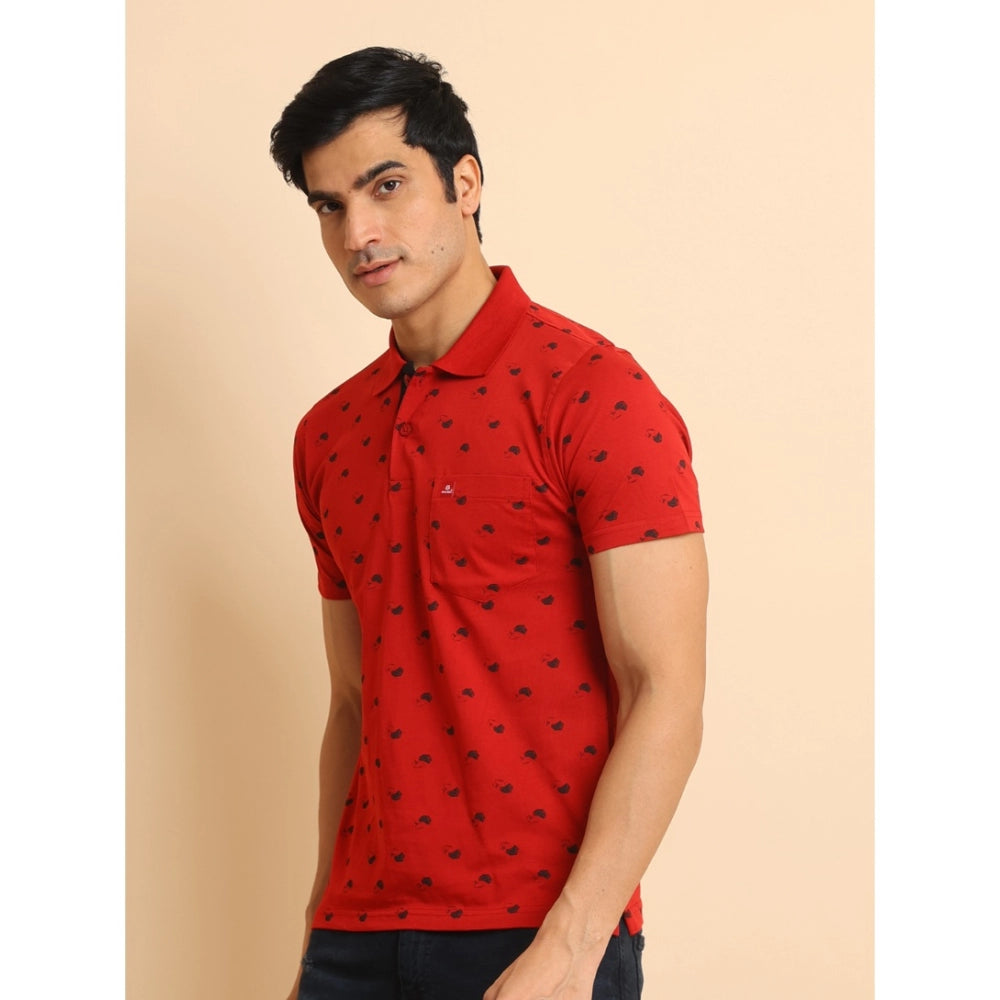 Indoraa Men's Casual Cotton Printed Polo Neck Half Sleeve T-Shirt (Red)