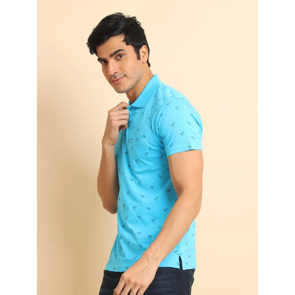 Indoraa Men's Casual Cotton Printed Polo Neck Half Sleeve T-Shirt (Skyblue)