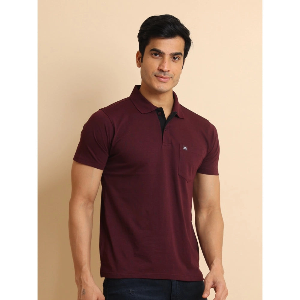 Indoraa Men's Casual Cotton Printed Polo Neck Half Sleeve T-Shirt (Wine)