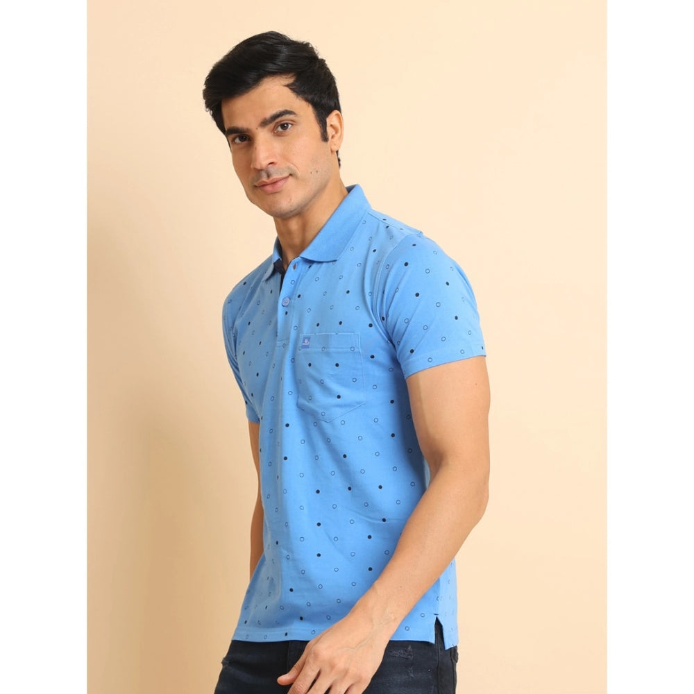 Indoraa Men's Casual Cotton Printed Polo Neck Half Sleeve T-Shirt (Blue)