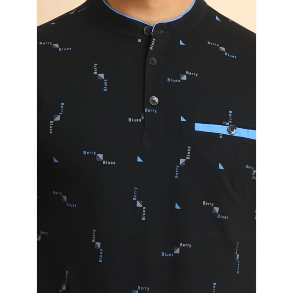 Indoraa Men's Casual Cotton Printed Mandarin Collar Half Sleeve T-Shirt (Navy)