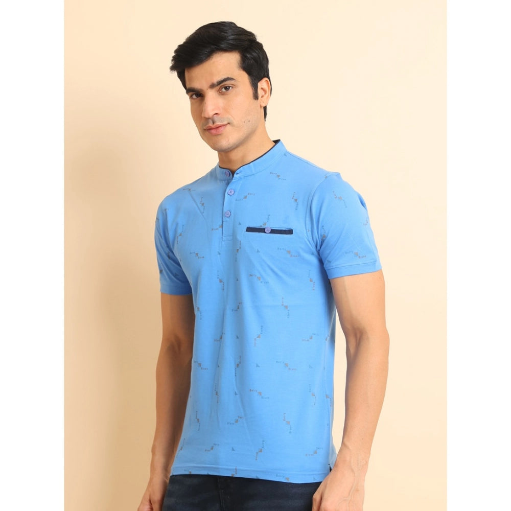 Indoraa Men's Casual Cotton Printed Mandarin Collar Half Sleeve T-Shirt (LightBlue)