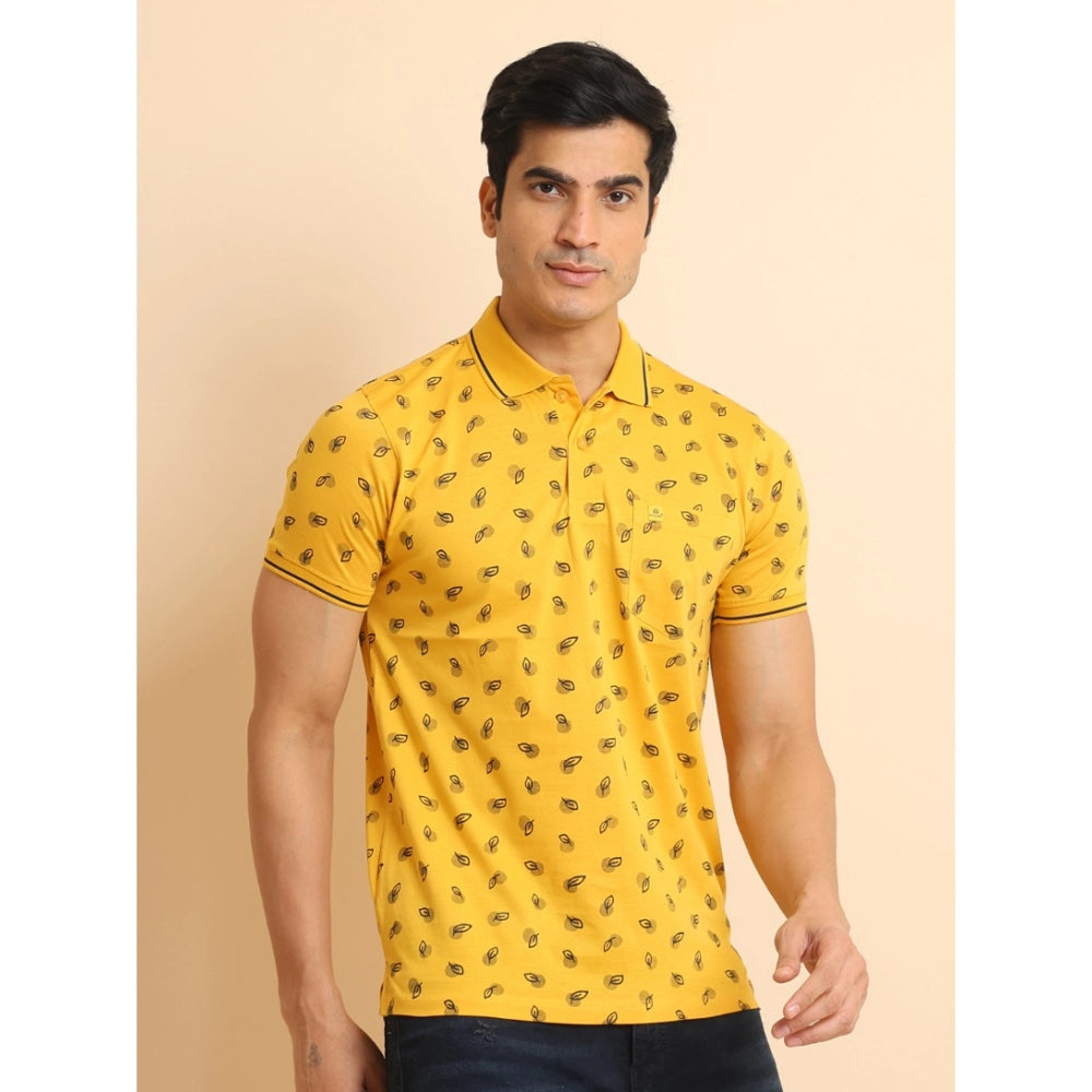 Indoraa Men's Casual Cotton Printed Polo Neck Half Sleeve T-Shirt (Mustard)