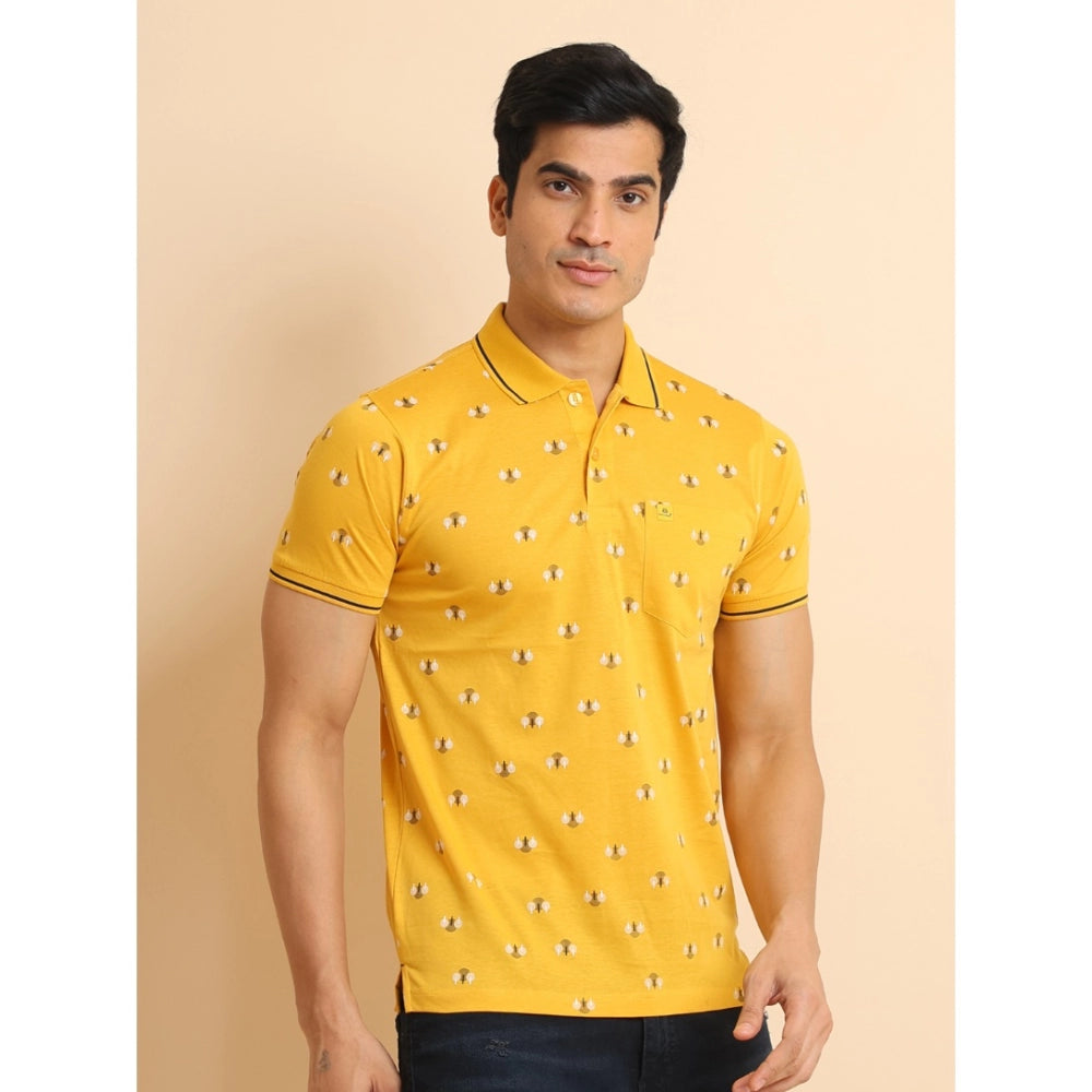 Indoraa Men's Casual Cotton Printed Polo Neck Half Sleeve T-Shirt (Mustard)