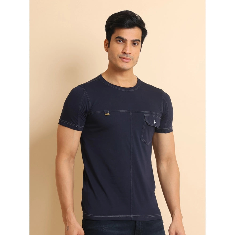 Indoraa Men's Casual Cotton Solid Round Neck Half Sleeve T-Shirt (Navy)