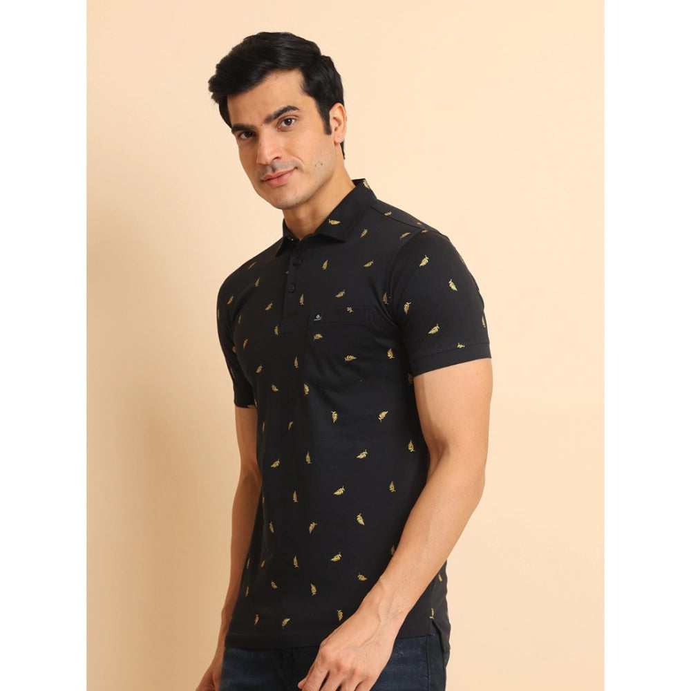 Indoraa Men's Casual Cotton Printed Polo Neck Half Sleeve T-Shirt (Black)