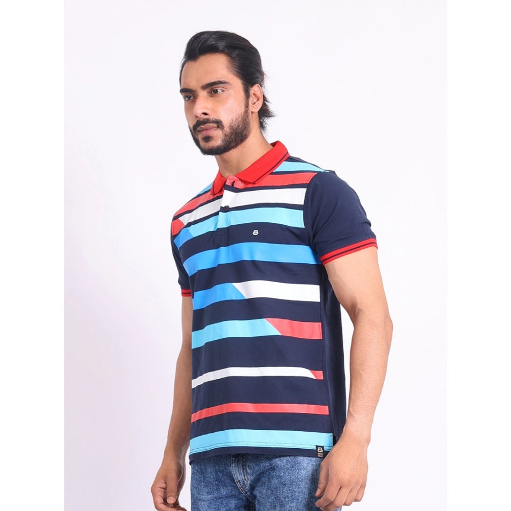 Indoraa Men's Casual Cotton Printed Polo Neck Half Sleeve T-Shirt (Navy)