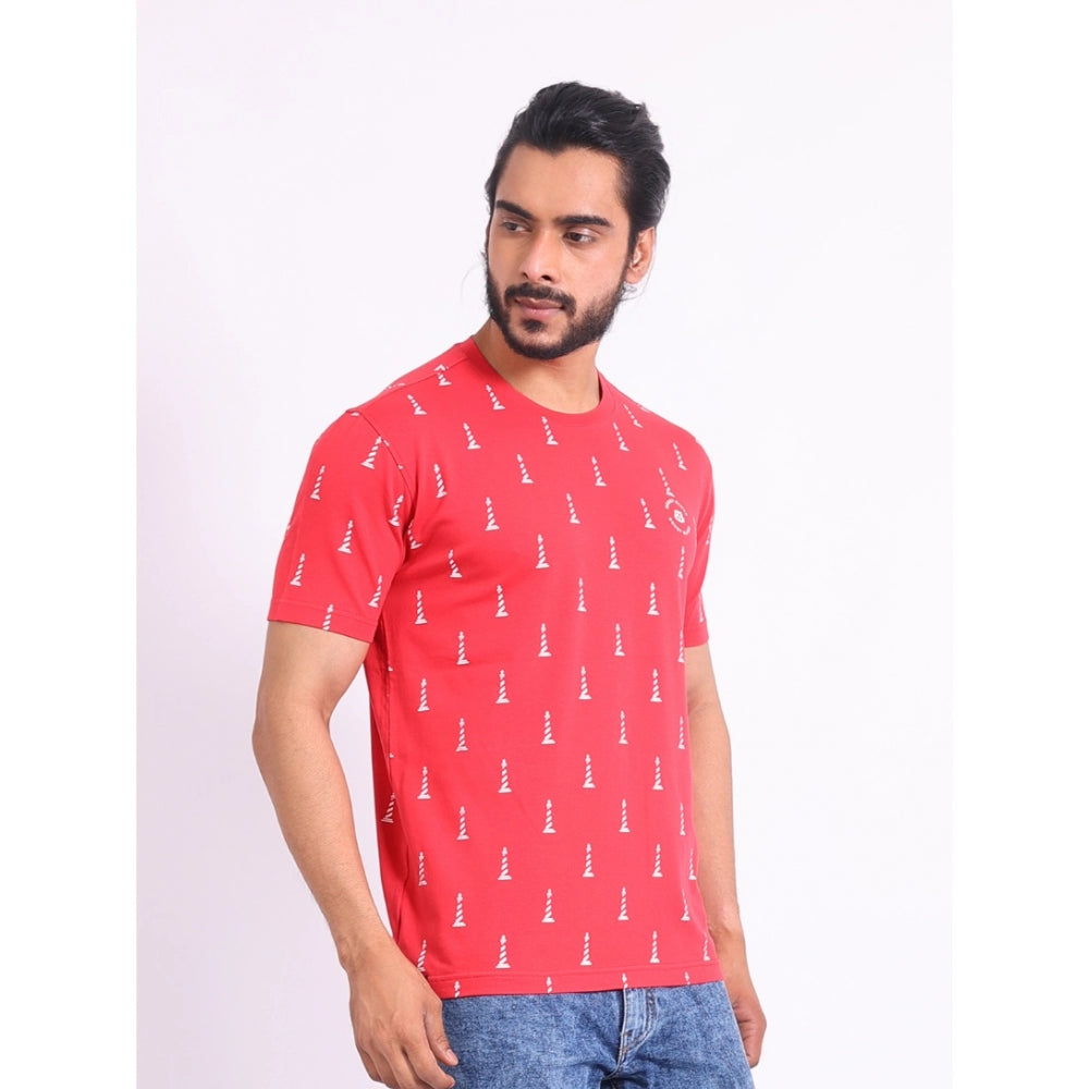 Indoraa Men's Casual Cotton Printed Round Neck Half Sleeve T-Shirt (Red)