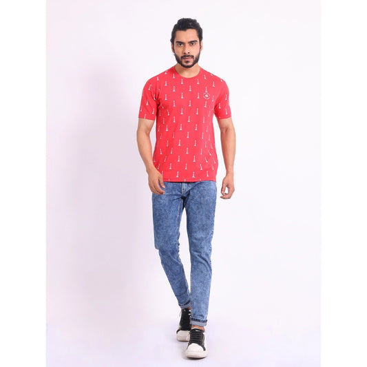 Indoraa Men's Casual Cotton Printed Round Neck Half Sleeve T-Shirt (Red)