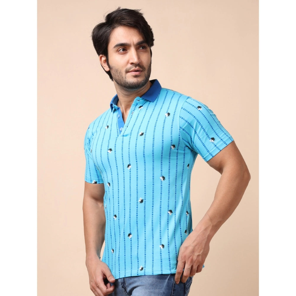 Indoraa Men's Casual Cotton Printed Polo Neck Half Sleeve T-Shirt (Skyblue)
