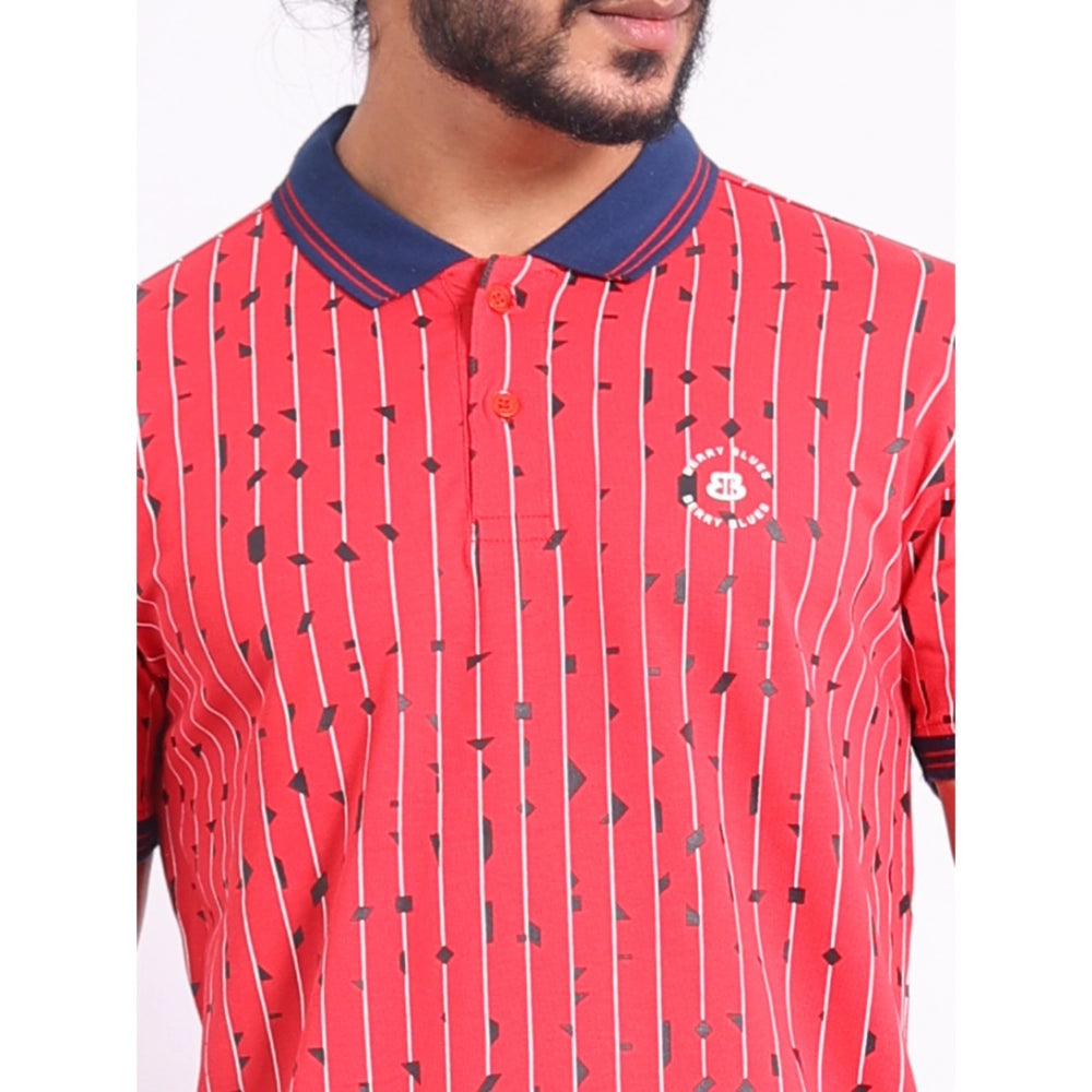Indoraa Men's Casual Cotton Printed Polo Neck Half Sleeve T-Shirt (Red)