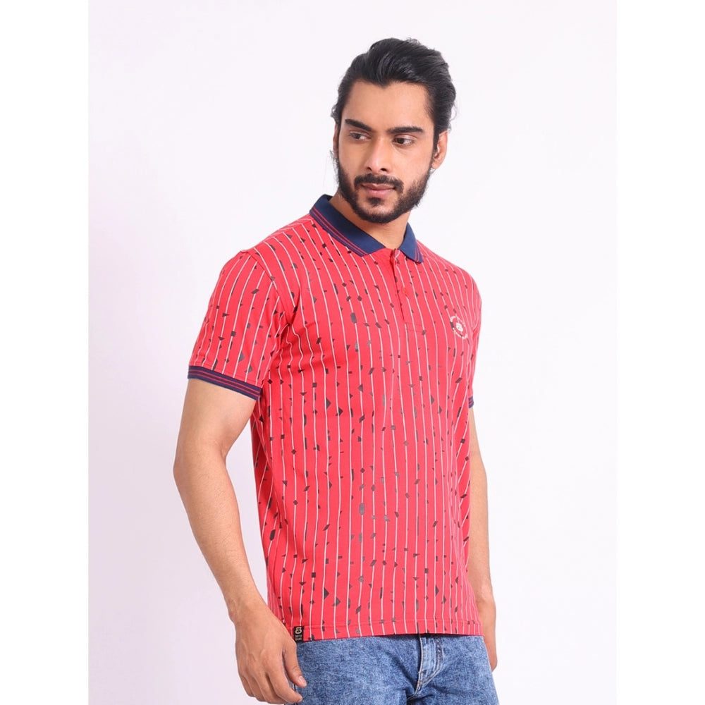 Indoraa Men's Casual Cotton Printed Polo Neck Half Sleeve T-Shirt (Red)