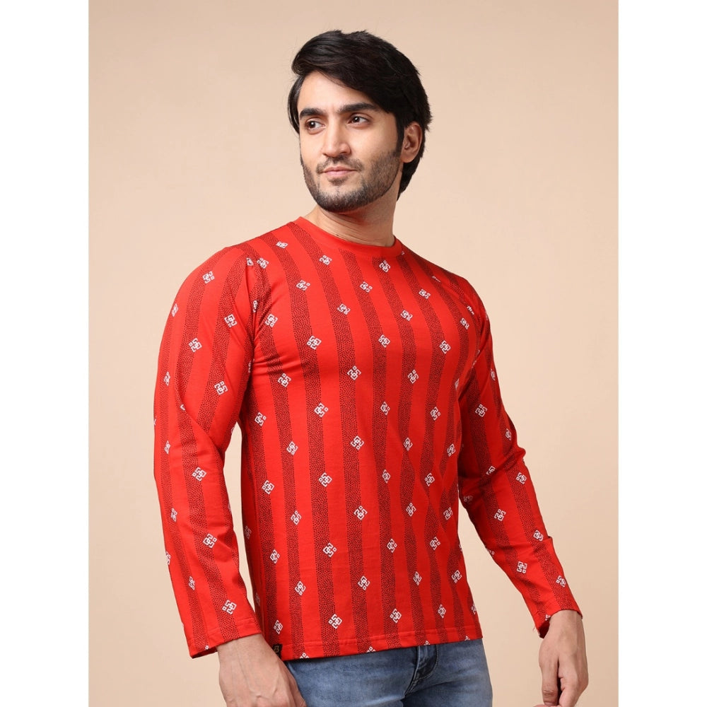 Indoraa Men's Casual Cotton Printed Round Neck Full Sleeve T-Shirt (Red)