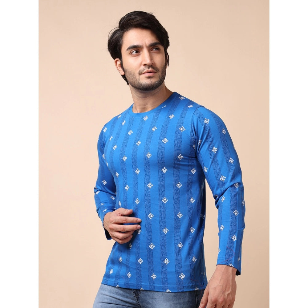 Indoraa Men's Casual Cotton Printed Round Neck Full Sleeve T-Shirt (Blue)