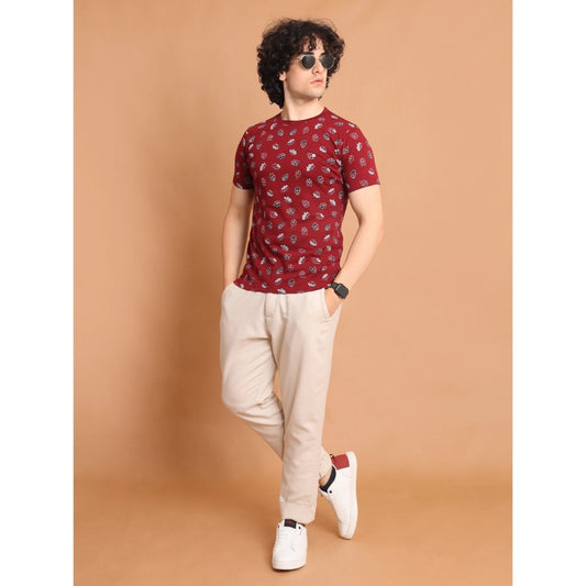 Indoraa Men's Casual Cotton Printed Round Neck Half Sleeve T-Shirt (Maroon)