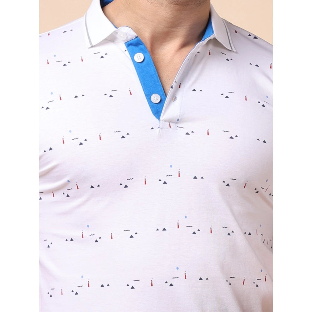 Indoraa Men's Casual Cotton Printed Polo Neck Half Sleeve T-Shirt (White)