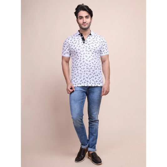 Indoraa Men's Casual Cotton Printed Polo Neck Half Sleeve T-Shirt (White)