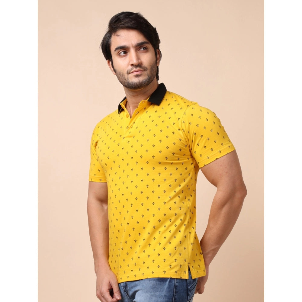 Indoraa Men's Casual Cotton Printed Polo Neck Half Sleeve T-Shirt (Yellow)