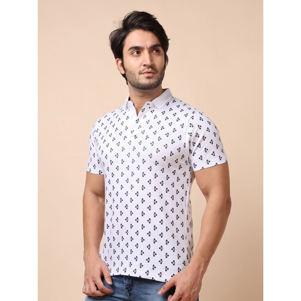 Indoraa Men's Casual Cotton Printed Polo Neck Half Sleeve T-Shirt (White)