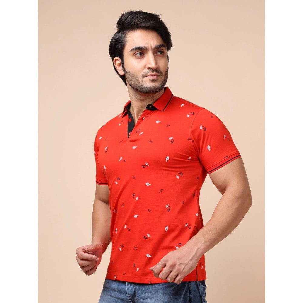 Indoraa Men's Casual Cotton Printed Polo Neck Half Sleeve T-Shirt (Red)