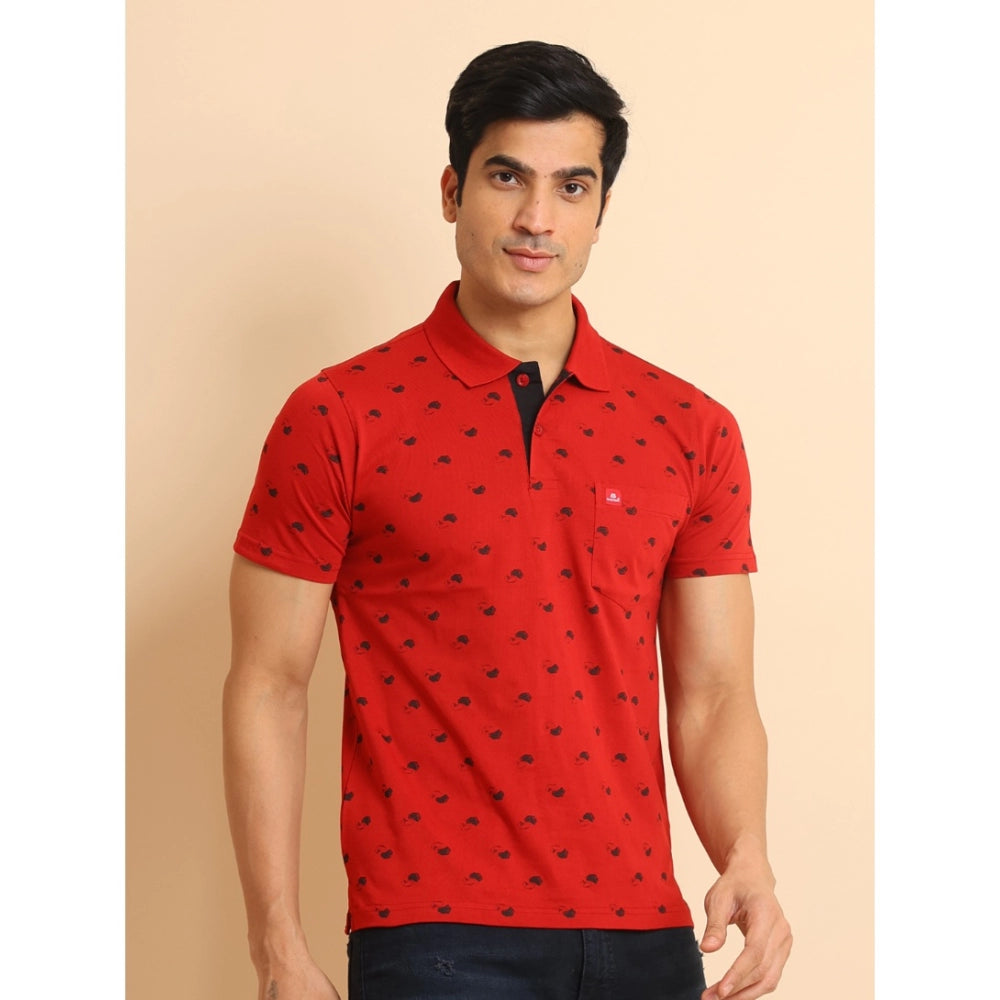 Indoraa Men's Casual Cotton Printed Polo Neck Half Sleeve T-Shirt (Red)