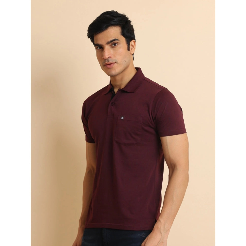 Indoraa Men's Casual Cotton Printed Polo Neck Half Sleeve T-Shirt (Wine)