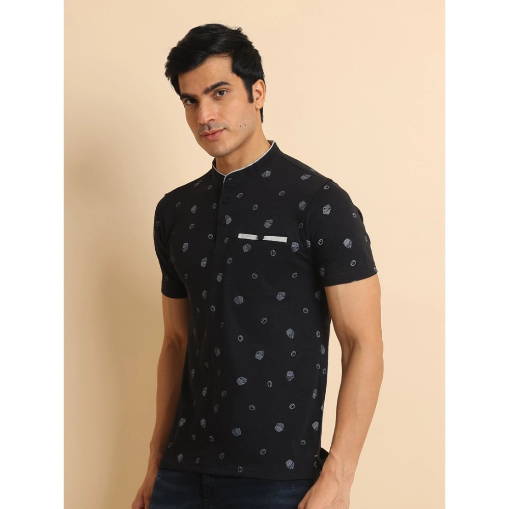 Indoraa Men's Casual Cotton Printed Mandarin Collar Half Sleeve T-Shirt (Black)