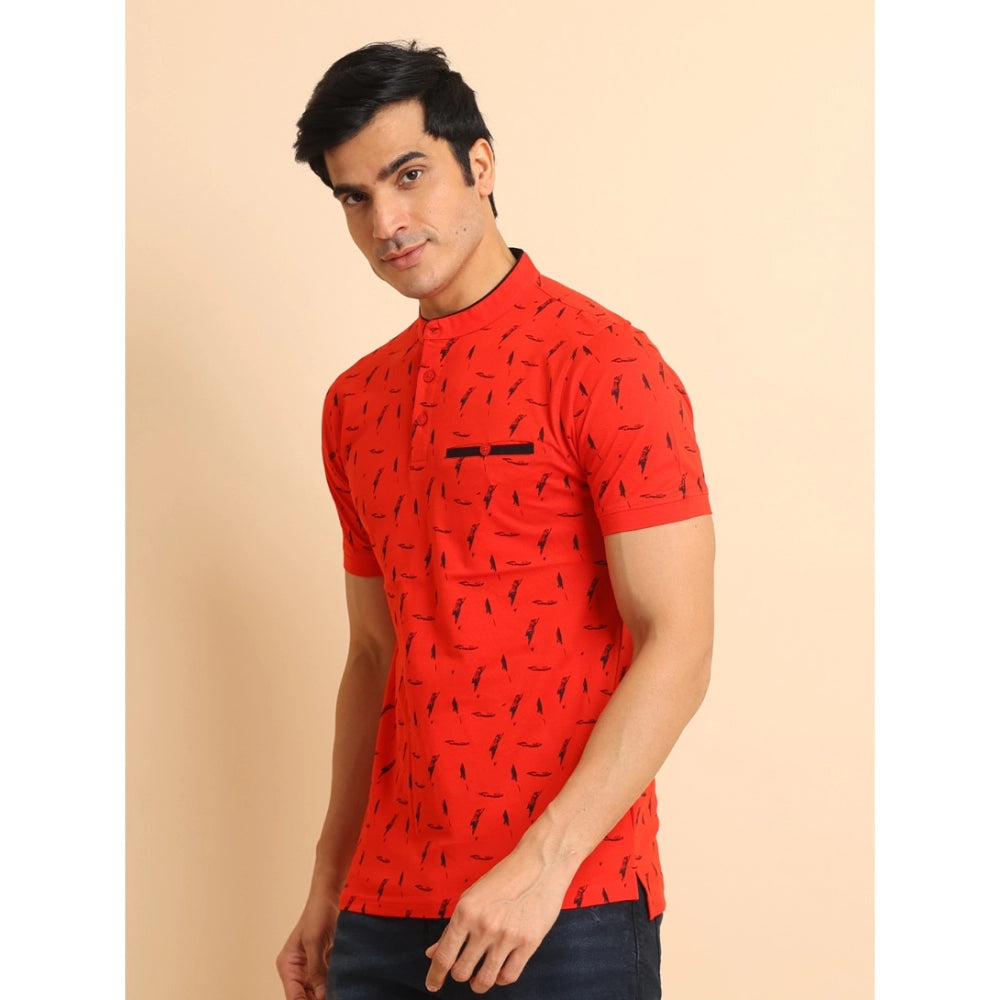 Indoraa Men's Casual Cotton Printed Mandarin Collar Half Sleeve T-Shirt (Red)