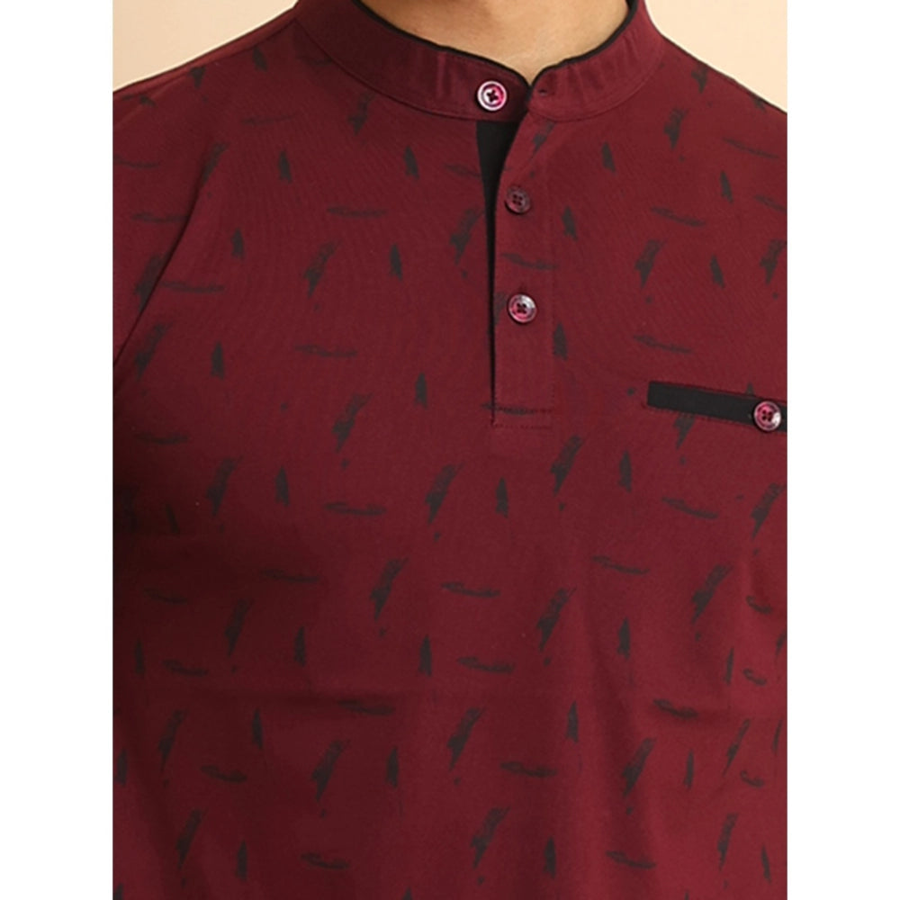 Indoraa Men's Casual Cotton Printed Mandarin Collar Half Sleeve T-Shirt (Plum)