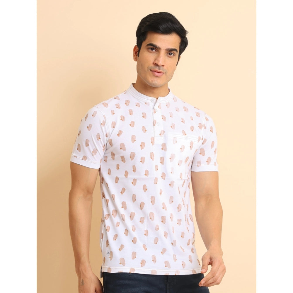 Indoraa Men's Casual Cotton Printed Mandarin Collar Half Sleeve T-Shirt (White)