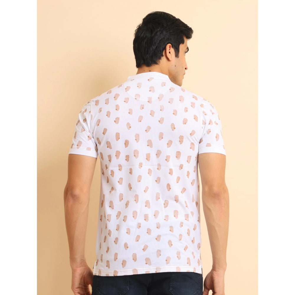 Indoraa Men's Casual Cotton Printed Mandarin Collar Half Sleeve T-Shirt (White)