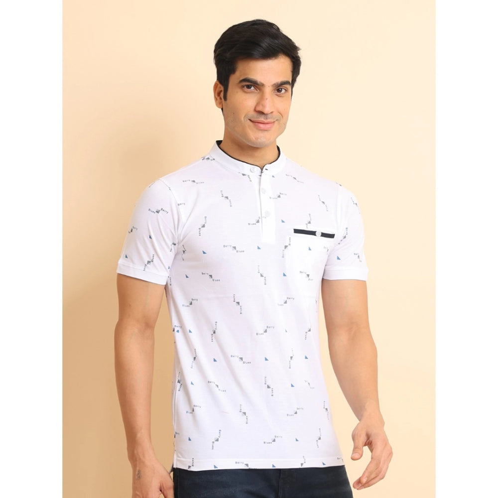 Indoraa Men's Casual Cotton Printed Mandarin Collar Half Sleeve T-Shirt (White)