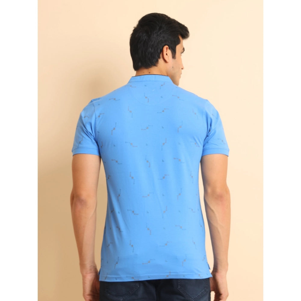 Indoraa Men's Casual Cotton Printed Mandarin Collar Half Sleeve T-Shirt (LightBlue)