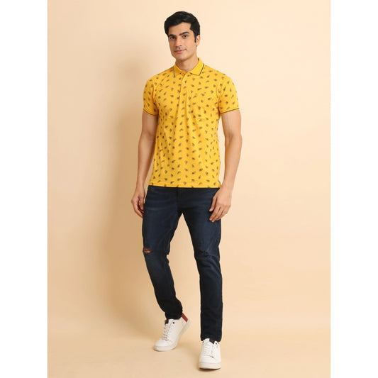 Indoraa Men's Casual Cotton Printed Polo Neck Half Sleeve T-Shirt (Mustard)