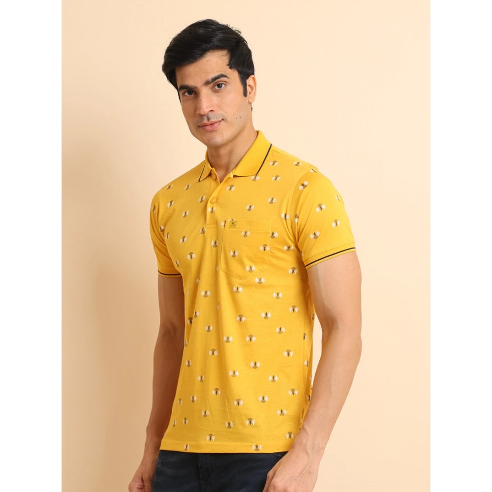 Indoraa Men's Casual Cotton Printed Polo Neck Half Sleeve T-Shirt (Mustard)