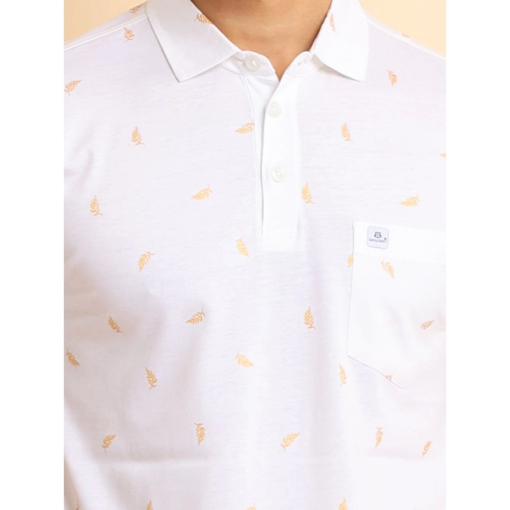 Indoraa Men's Casual Cotton Printed Polo Neck Half Sleeve T-Shirt (White)