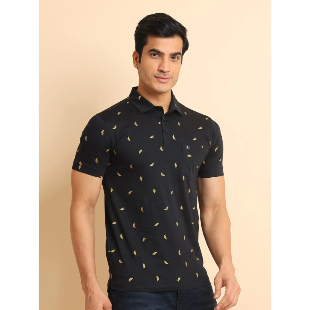 Indoraa Men's Casual Cotton Printed Polo Neck Half Sleeve T-Shirt (Black)