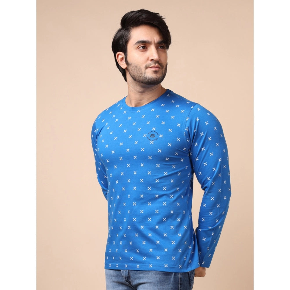 Indoraa Men's Casual Cotton Printed Round Neck Full Sleeve T-Shirt (Blue)