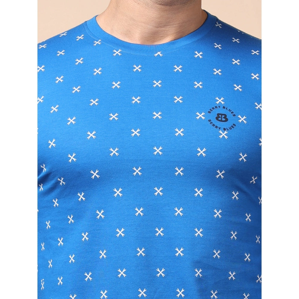 Indoraa Men's Casual Cotton Printed Round Neck Full Sleeve T-Shirt (Blue)