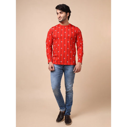 Indoraa Men's Casual Cotton Printed Round Neck Full Sleeve T-Shirt (Red)