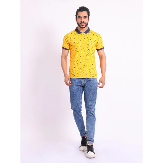 Indoraa Men's Casual Cotton Printed Polo Neck Half Sleeve T-Shirt (Turmeric)