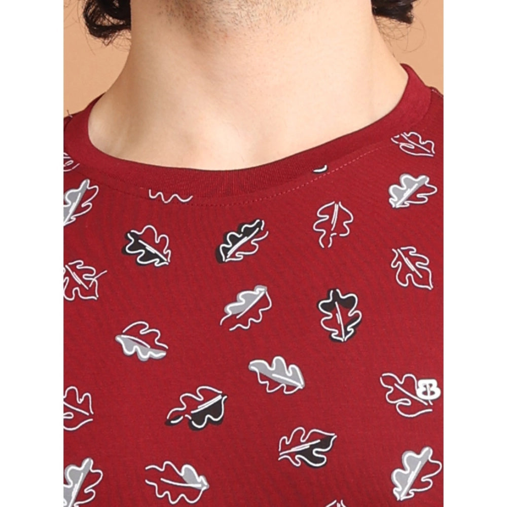 Indoraa Men's Casual Cotton Printed Round Neck Half Sleeve T-Shirt (Maroon)